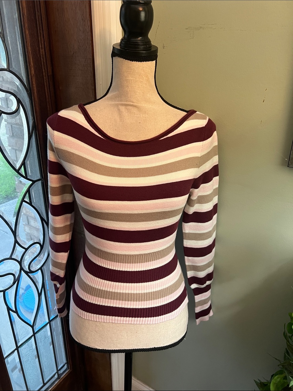 Pink Rose Striped Scoop-Neck Sweater in Burgundy, Blush Pink & Cream